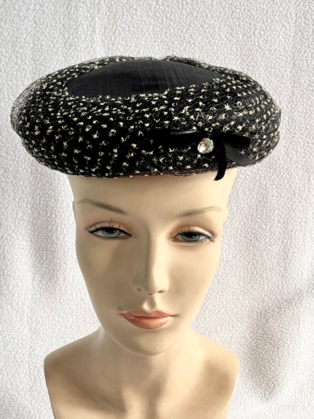Midcentury 1950s Black Brimless Dress Hat with Wrapped Netting & Rhinestone